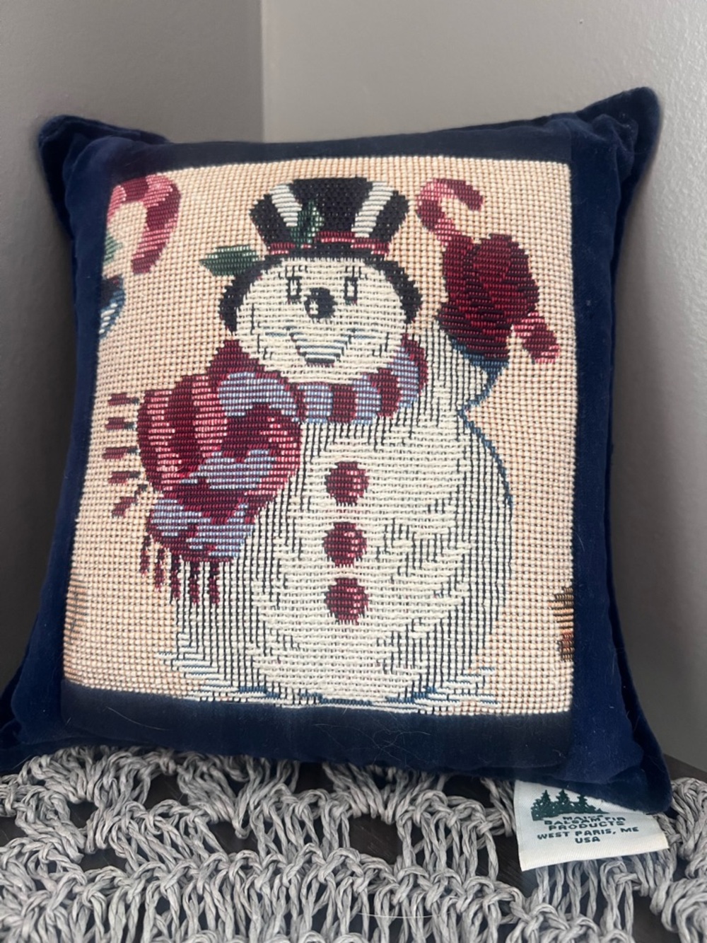 Needlepoint tapestry style Snowman Holiday balsam fir satchel pillow Christmas